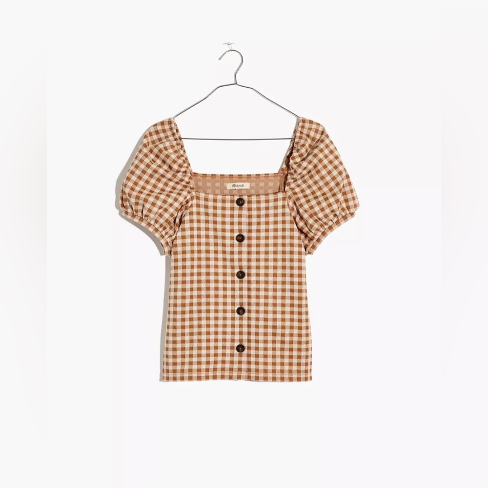 Madewell NWT Gingham Jacquard Square-Neck Puff-Sleeve Top size M